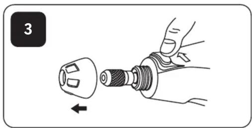 Illustration of a hand holding a connector with a valve, showing a left-hand rule (no text or symbols present)