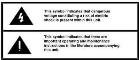 This symbol indicates that dangerous voltage constituting a risk of electric shock is present within this unit. This symbol indicates that there are important operating and maintenance instructions in the literature accompanying this unit.