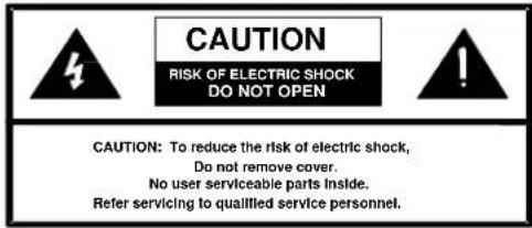 CAUTION RISK OF ELECTRIC SHOCK DO NOT OPEN CAUTION: To reduce the risk of electric shock, Do not remove cover. No user serviceable parts Inside. Refer servicing to qualified service personnel.