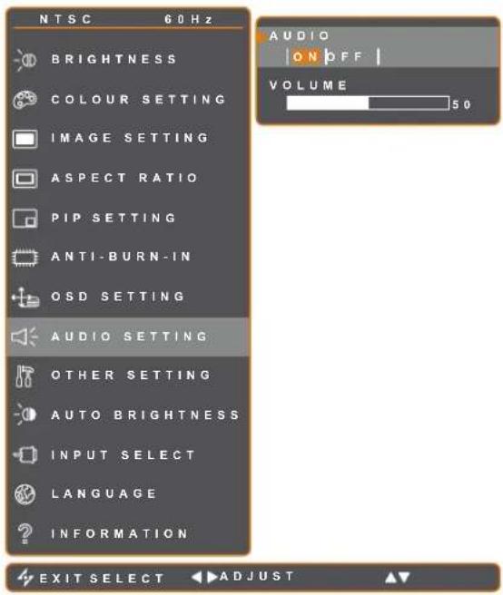 NTSC 60 Hz BRIGHTNESS COLOUR SETTING IMAGE SETTING ASPECT RATIO PIP SETTING ANTI-BURN-IN OSD SETTING AUDIO SETTING OTHER SETTING AUTO BRIGHTNESS INPUT SELECT LANGUAGE INFORMATION AUDIO ON OFF VOLUME 50 EXIT SELECT ADJUST