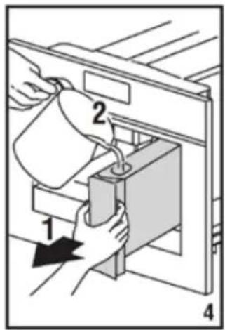 Diagram showing a hand pouring liquid into a container with labeled parts 1, 2, and 4, indicating a process or procedure.