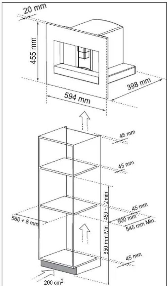 20 mm 455 mm 594 mm 398 mm 45 mm 45 mm 45 mm 560 + 8 mm 500 mm 545 mm Min. 850 mm Min 45 mm 200 cm²