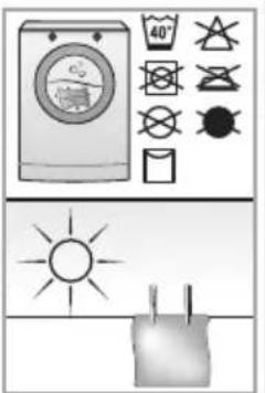 Weather and lighting symbols for a washing machine, sun, and plug, including 40° and various warning icons.