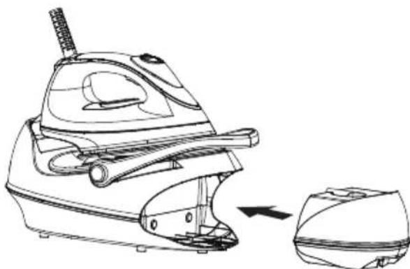 Line drawing of a steam iron with a close-up view of its side panel (no text or symbols)