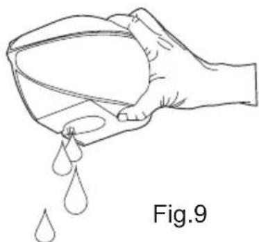 Line drawing of a hand pouring liquid into a container with droplets (no text or symbols)