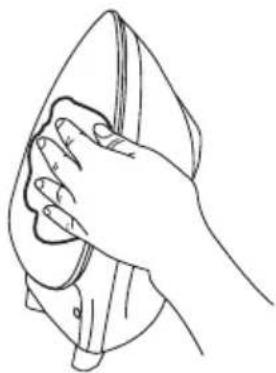 Line drawing of a hand cleaning a garment with a cloth (no text or symbols)