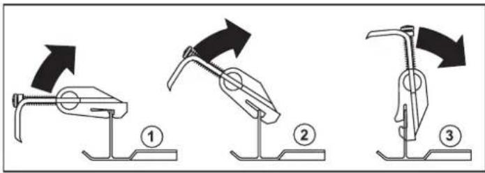 Diagram illustrating three different mechanical or robotic device configurations with numbered steps and directional arrows indicating movement.