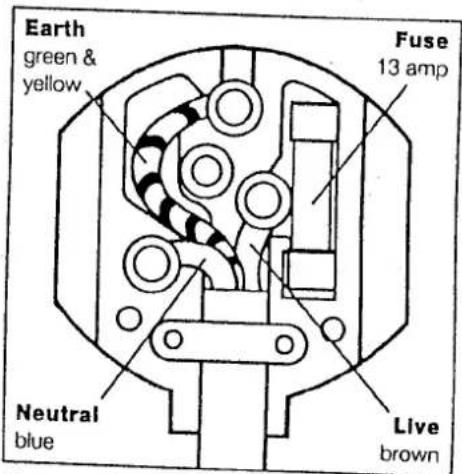 Earth green & yellow Fuse 13 amp Neutral blue Live brown