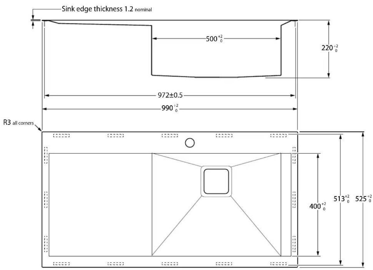 Sink edge thickness 1.2 nominal 500⁺²₀ 972±0.5 990⁺²₀ R3 all corners 400⁺²₀ 513⁺²₀ 525⁺²₀