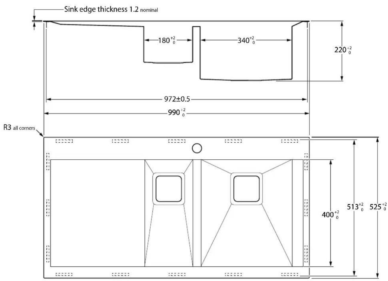 Sink edge thickness 1.2 nominal 180⁺²₀ 340⁺²₀ 220⁺²₀ 972±0.5 990⁺²₀ R3 all corners 400⁺²₀ 513⁺²₀ 525⁺²₀