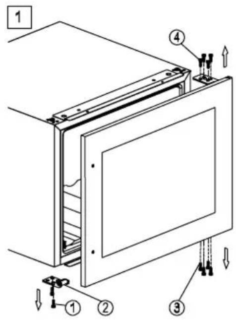Technical diagram of a door frame assembly with numbered components and directional arrows indicating assembly steps.