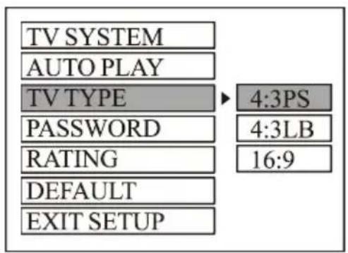 TV SYSTEM AUTO PLAY TV TYPE PASSWORD RATING DEFAULT EXIT SETUP 4:3PS 4:3LB 16:9