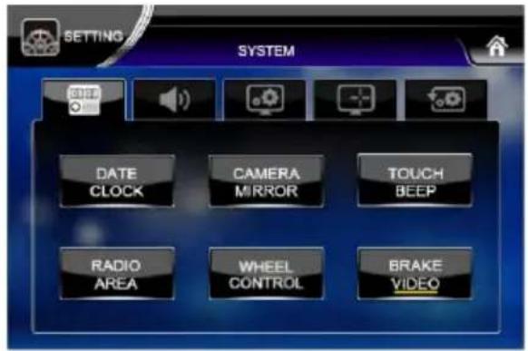 SETTING SYSTEM DATE CLOCK CAMERA MIRROR TOUCH BEEP RADIO AREA WHEEL CONTROL BRAKE VIDEO