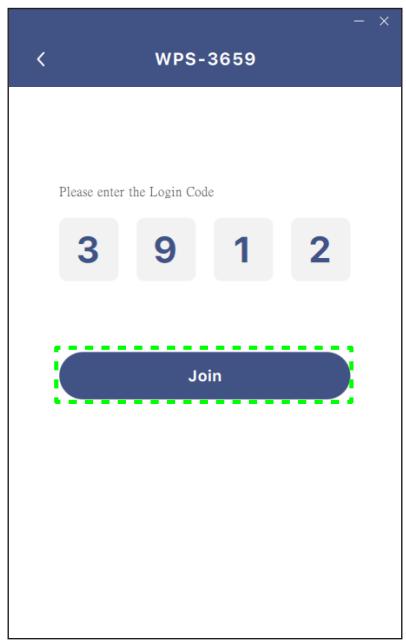 WPS-3659 Please enter the Login Code 3 9 1 2 Join
