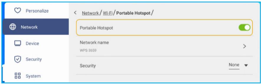 Personalize Network Device Security System < Network / Wi-Fi / Portable Hotspot / Portable Hotspot Network name WPS-3659 Security None