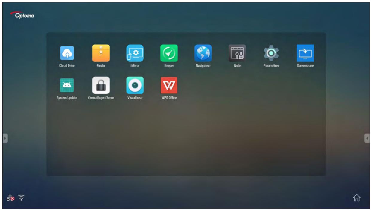 Optoma Cloud Drive Finder iMirror Keeper Navigateur Note Paramètres Screenshare System Update Verrouillage d'écran Visualiseur WPS Office