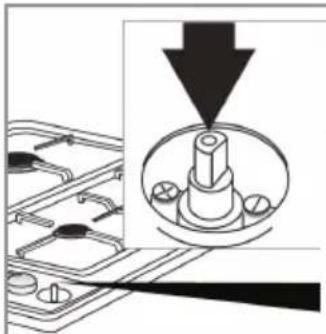 Mechanical assembly diagram showing a bolted component inserted into a housing, with a downward arrow indicating force or direction (no text or symbols present)