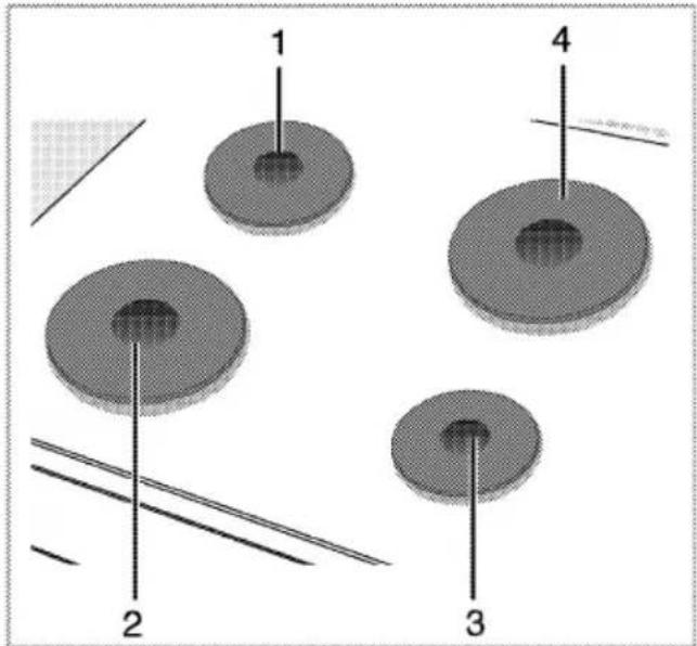 Diagram showing four labeled circular components with pins, likely illustrating a mechanical or architectural assembly.
