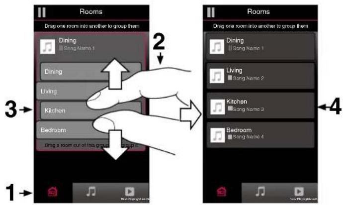 Rooms Drag one room into another to group them Dining || Song Name 1 Dining Living Kitchen Bedroom drag a room out of this group 2 3 4 Rooms Drag one room into another to group them Dining || Song Name 1 Living || Song Name 2 Kitchen ■ Song Name 3 Bedroom ■ Song Name 4