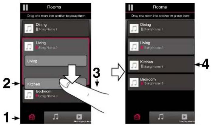 Rooms Drag one room into another to group them Dining Song Name 1 Living Song Name 2 Living Kitchen Bedroom Song Name 3 Room Drag one room into another to group them Dining Song Name 1 Living Song Name 2 Kitchen Song Name 4 Bedroom Song Name 8 Room Drag one room into another to group them Dining Song Name 1 Living Song Name 2 Kitchen Song Name 4 Bedroom Song Name 8