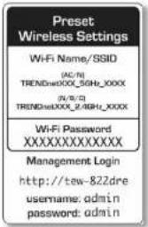 Preset Wireless Settings Wi-Fi Name/SSID (AC/N) TRENDwXXXX_5GHz_XXXX (N/B/0) TRENDwXXXX_2.4GHz_XXXX Wi-Fi Password XXXXXXXXXXXX Management Login http://tew-822dre username: admin password: admin