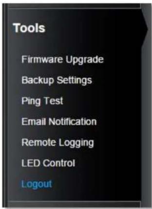 Tools Firmware Upgrade Backup Settings Ping Test Email Notification Remote Logging LED Control Logout