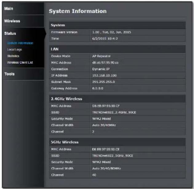 Main Wireless Status System Information Local Logs Statistics Wireless Client List Tools System Information System Firmware Version 1.00 , Tue, 02, Jun, 2015 Time 6/2/2015 10:4:2 IAN Device Mode AP Repeater MAC Address d8:ab:97:95:90:cc Connection Dynamic IP IP Address 192.166.10.100 Subset Mask 355.255.255.0 Gateway Address 0.0.0.0 2.4GHz Wireless MAC Address D8:EB:97:95:90:CF SSID TRE NONet322_2.4GHz_90CE Security Mode WPA2 Mixed Channel Width Auto 20/40MHz Channel ? 5GHz Wireless MAC Address D8:EB:97:95:90:CE SSID TRE NONet322_5GHz_90CE Security Mode WPA2 Mixed Channel Width Auto 20/40/80MHz Channel 40