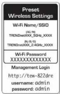 Preset Wireless Settings Wi-Fi Name/SSID (NC/N) TRENDnetXXX_5GHz_XXXX (NV/8/6) TRENDnetXXX_2.4GHz_XXXX Wi-Fi Password XXXXXXXXXXXX Management Login http://tew-822dre username: admin password: admin
