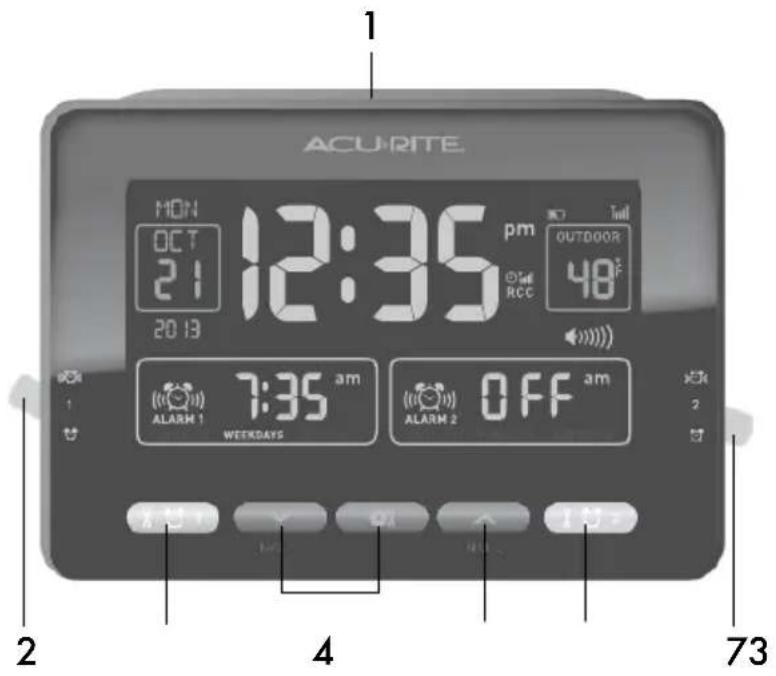 ACU-RITE MON OCT 21 2013 12:35 pm OUTDOOR 48° RCC 7:35 am ALARM 1 WEEKDAYS ALARM 2 OFF am OK 2 4 73