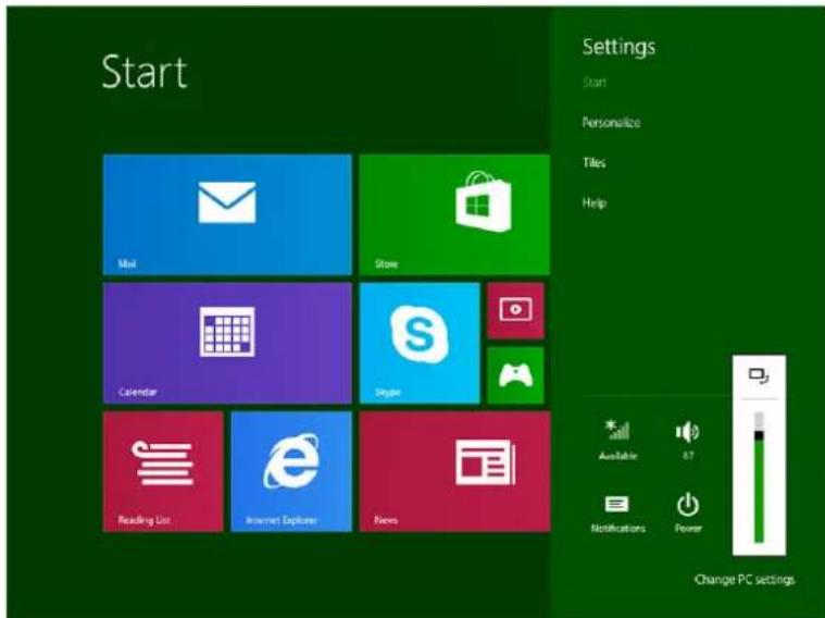 Start Mail Store Calendar Spider Reading List Internet Explorer News Settings Start Personalize Tiles Help Available 67 Notifications Power Change PC settings.