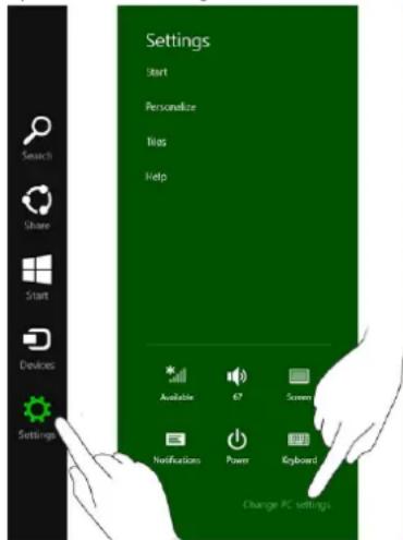 Settings Start Personalize Bias Help Search Share Start Devices Settings Available 67 Screen Notifications Power Keyboard Change PC settings