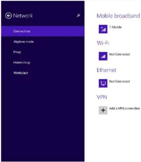 Network Connections Airplane mode Proxy HomeGroup Workplace Mobile broadband T-Mobile Wi-Fi Not Connected Ethernet Not Connected VPN Add a VPN connection