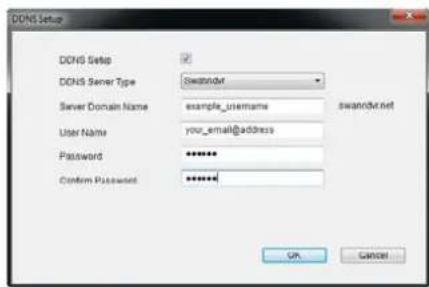 DONS Setup DONS Setup DONS Server Type: Swandxt Server Domain Name: example_username swandxt.net User Name: your_email@address Password: ****** Confirm Password: ****** OK Cancel