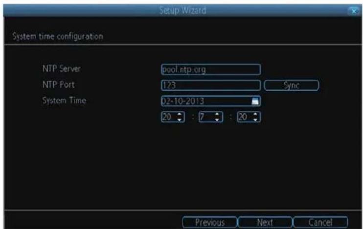 Setup Wizard System time configuration NTP Server pool ntp org NTP Port 123 Sync System Time 02-10-2013 20 : 7 : 20 Previous Next Cancel