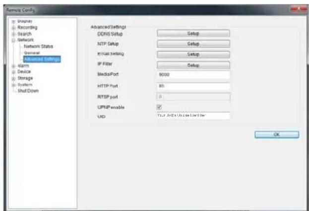Remote Config Display Recording Search Network Network Status General Advanced Settings Kapm Device Storage System Shut Down Advanced Settings COMS Setup Setup NTP Setup Setup IP Data Setting Setup IP Filter Setup MediaPort 9000 HTTP Port 85 RTSP port 0 UPMP enable OK Your Job's Online Provider