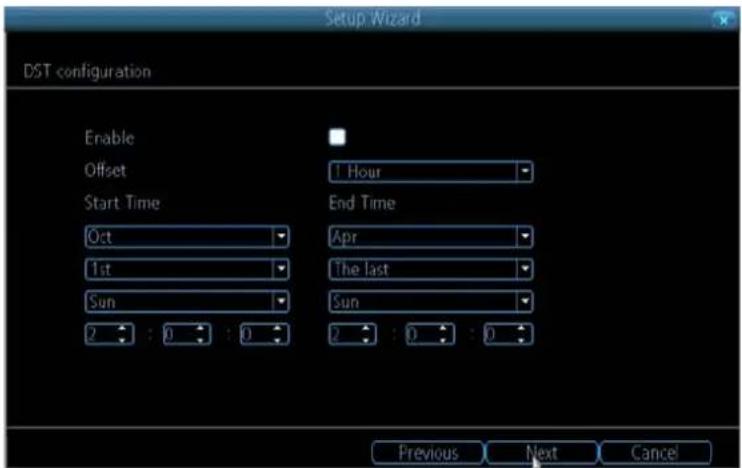 Setup Wizard DST configuration Enable Offset Start Time Oct 1st Sun 2 : 0 : 0 1 Hour End Time Apr The last Sun 2 : 0 : 0 Previous Next Cancel