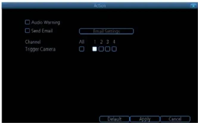Action Audio Warning Send Email Email Settings Channel All 1 2 3 4 Trigger Camera Default Apply Cancel