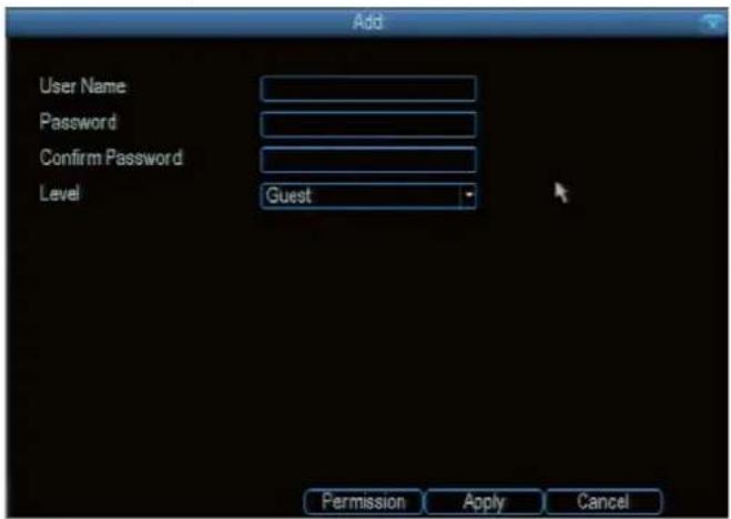 Add User Name Password Confirm Password Level Guest Permission Apply Cancel