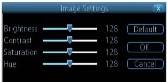 Image Settings Brightness 128 Default Contrast 128 OK Saturation 128 Hue 128 Cancel