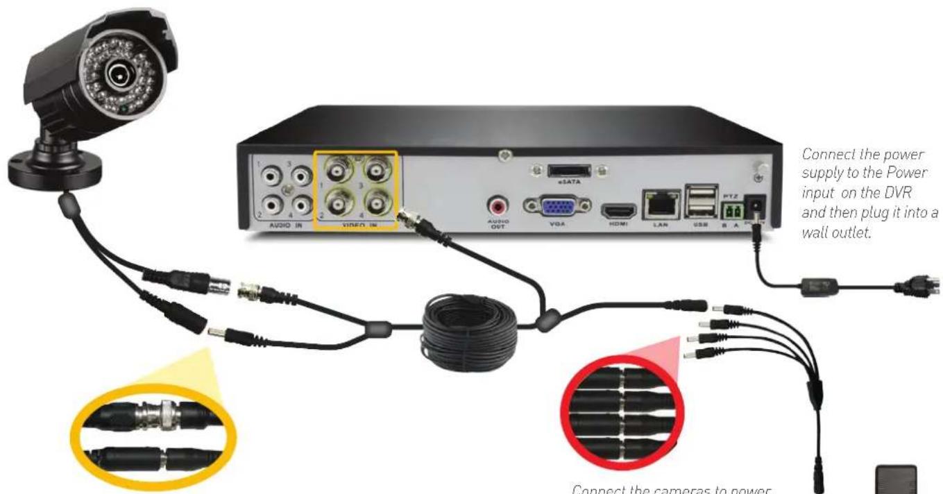 Connect the power supply to the Power input on the DVR and then plug it into a wall outlet. Connect the cameras to power