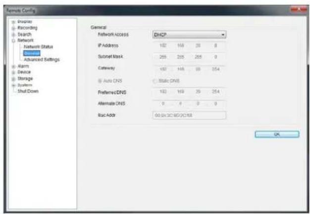 Remote Config Network Access IP Addresso 162 168 28 8 Subnet Mask 265 265 265 0 Gateway 167 168 28 254 Auto DNS Static DNS Preferred DNS 163 169 29 254 Alternate DNS 0 0 0 0 Mac Addr 90 (x) 90 (x) 90 (x) 90 OK