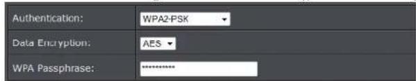 Authentication: WPA2-PSK Data Encryption: AES WPA Passphrase: ********