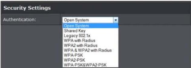 Security Settings Authentication: Open System Open System Shared Key Legacy 802.1x WPA with Radius WPA2 with Radius WPA & WPA2 with Radius WPA-PSK WPA2-PSK WPA-PSK&WPA2-PSK
