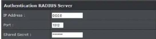Authentication RADIUS Server IP Address : 00.00 Port : 1912 Shared Secret : ********