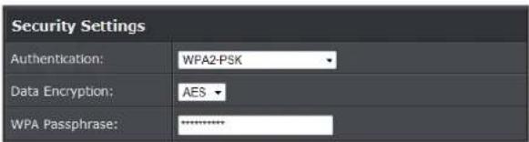 Security Settings Authentication: WPA2-PSK Data Encryption: AES WPA Passphrase: ********