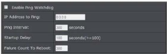 Enable Ping Watchdog IP Address to Ping: 0.0.0 Ping Interval: 300 seconds Startup Delay: 100 seconds(>=100) Failure Count To Reboot: 300