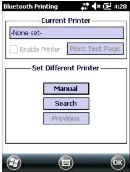 Bluetooth Printing 4:20 Current Printer -None set- Enable Printer Print Test Page Set Different Printer Manual Search Previous
