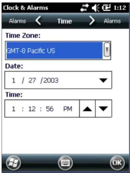 Clock & Alarms Alarms < Time > Alarms Time Zone: GMT-8 Pacific US Date: 1 / 27 /2003 Time: 1 : 12 : 56 PM