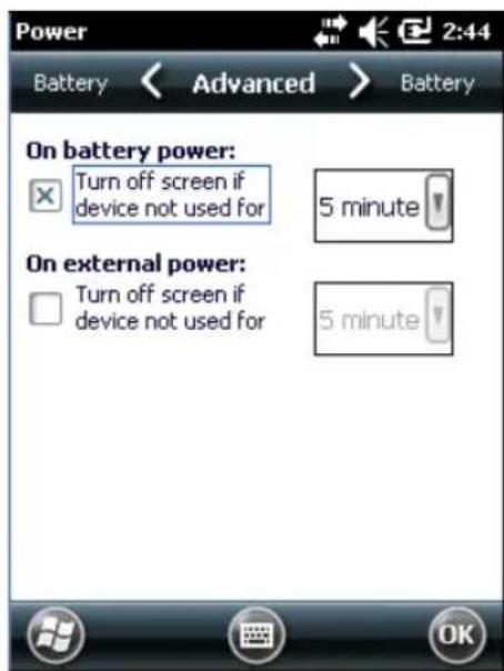 Power Battery < Advanced > Battery On battery power: Turn off screen if device not used for 5 minute On external power: Turn off screen if device not used for 5 minute OK