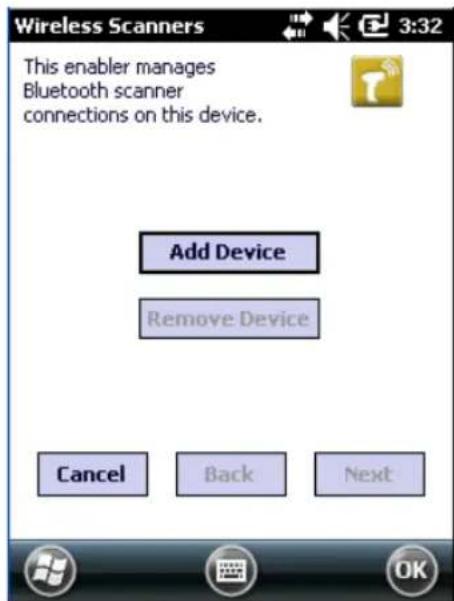 Wireless Scanners This enabler manages Bluetooth scanner connections on this device. Add Device Remove Device Cancel Back Next 3:32